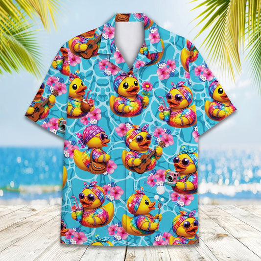 Summer Rubber Duck Tie Dye Tropical Flowers Cocktail – Hawaiian Shirt