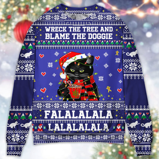 Black Cat Wrecks Tree Funny Holiday – Sweater - Ugly Christmas Sweater