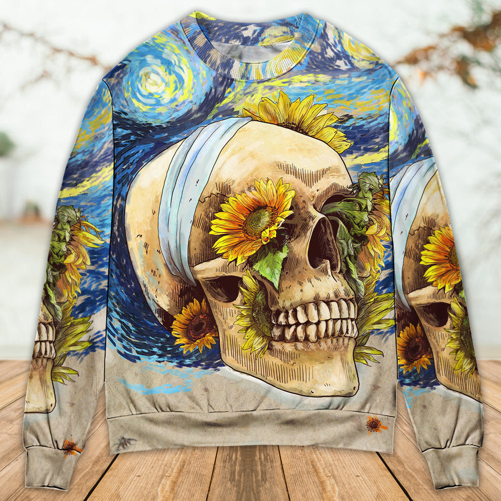 Skull And Sunflower Vintage Starry Night Art – Sweater - Ugly Christmas Sweater