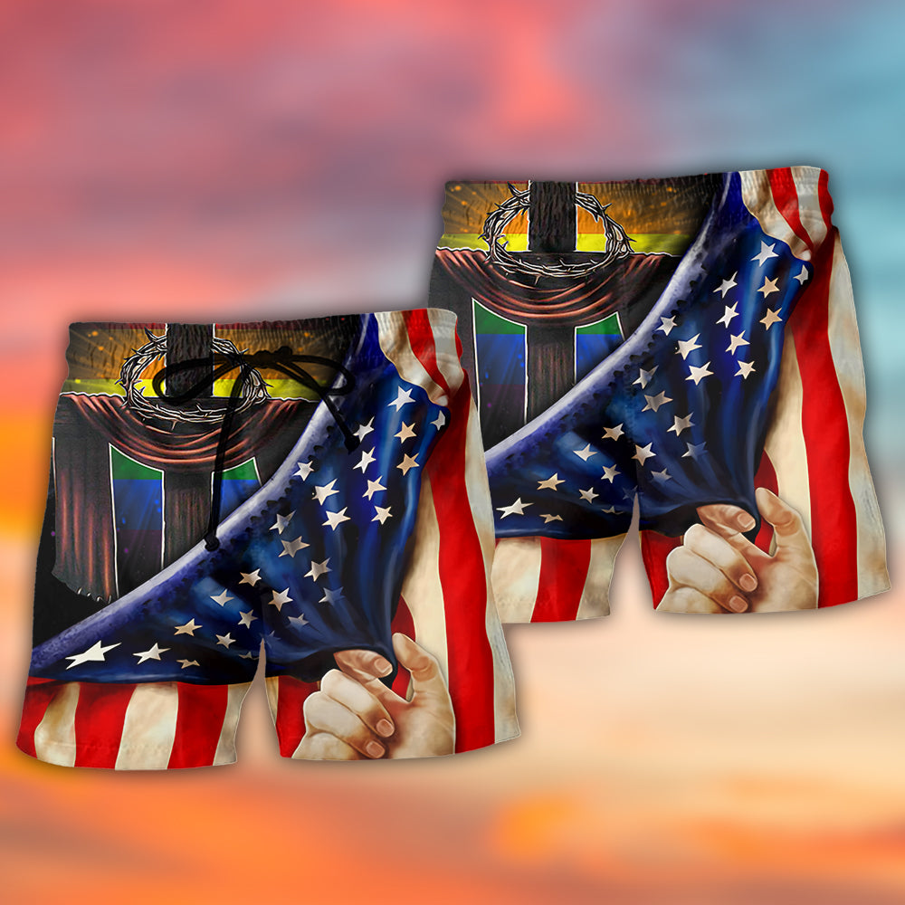 LGBT Independence Day Cross LGBT Flag Lighting - Beach Short - Owls Matrix LTD