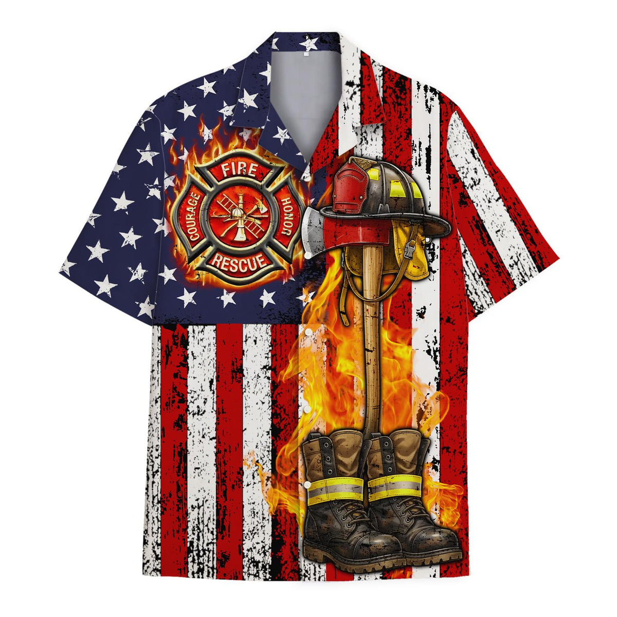 Patriotic Firefighter American Flag Helmet Axe Rescue – Hawaiian Shirt