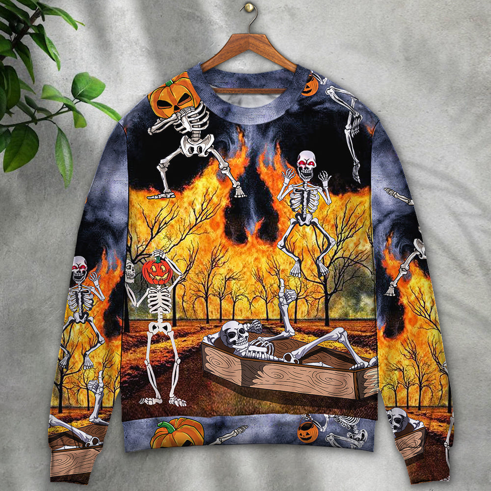 Halloween Skeleton Pumpkin Party Art – Sweater - Ugly Christmas Sweater
