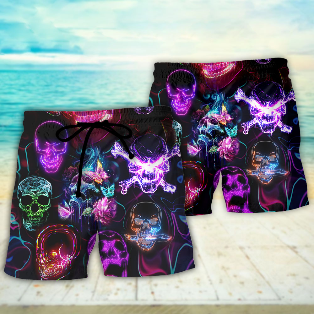 Skull Neon Art Happy Holiday - Beach Short - Owls Matrix LTD