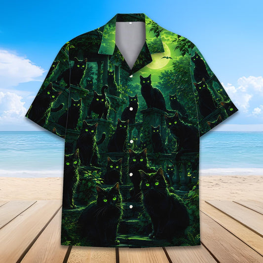 Black Cat Moonlight Gothic Witchy Halloween – Hawaiian Shirt