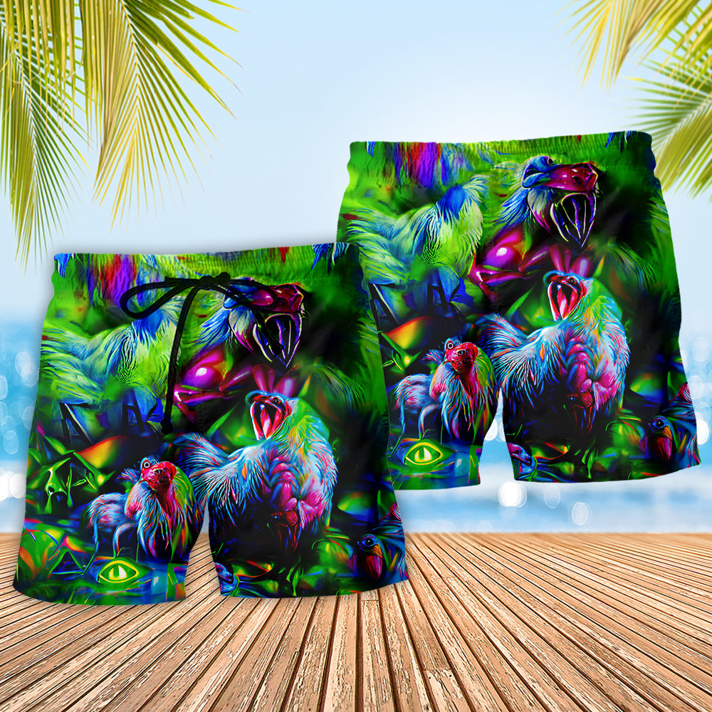 Crowing Rooster Neon Farm Humor Art – Beach Short