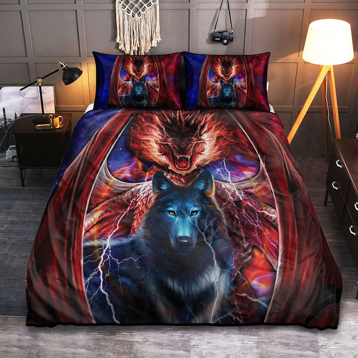 Wolf And Dragon Combat Bedding Cover For Fantasy Bedroom Decor