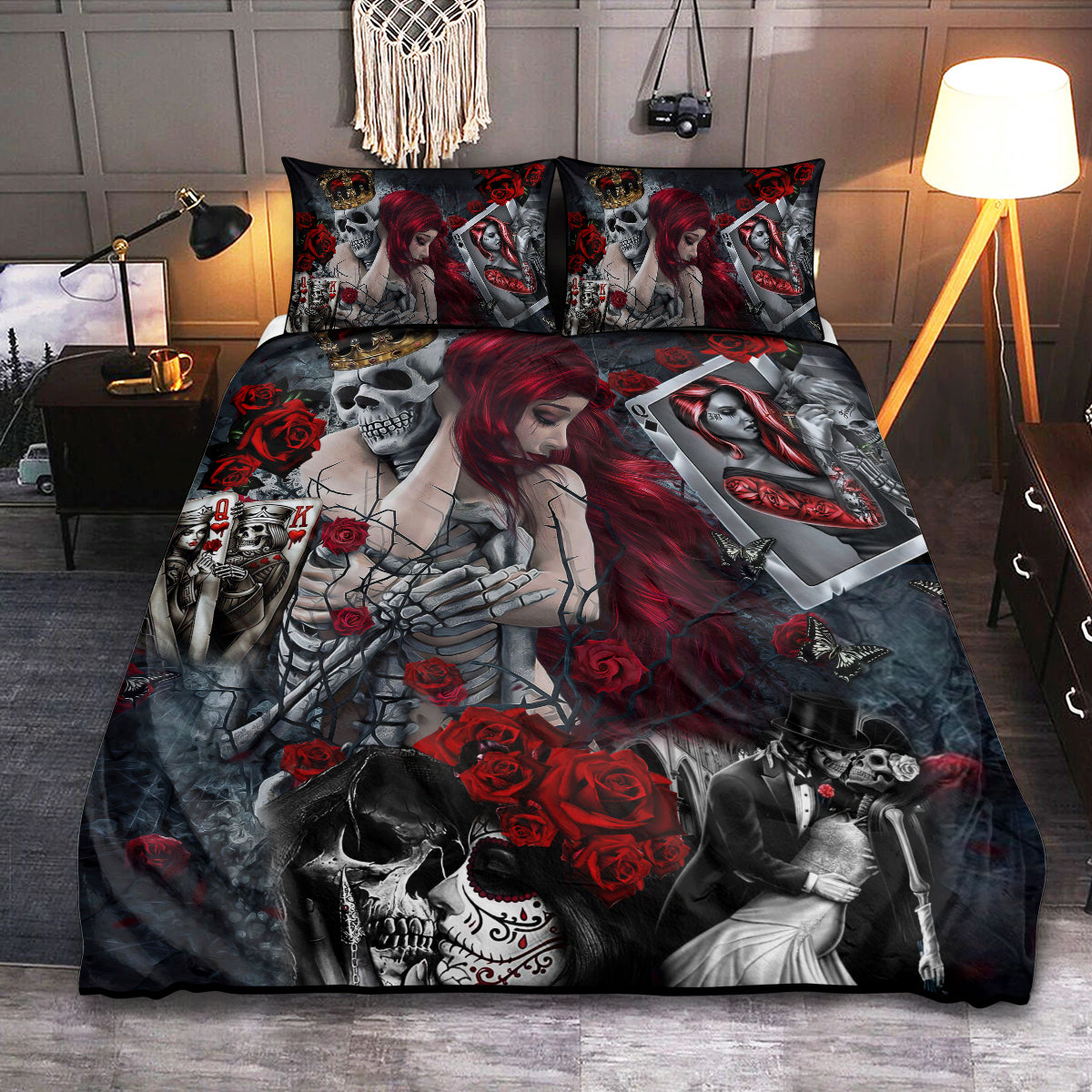 Skull Love Rose Bedding Cover For Gothic Bedroom Decor