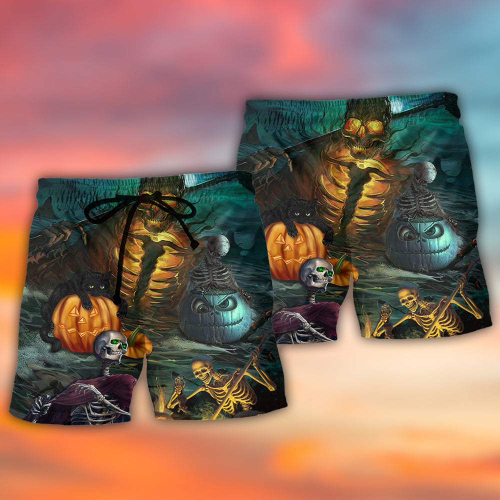 Dark Scary Skull With Pumpkin Halloween – Beach Short