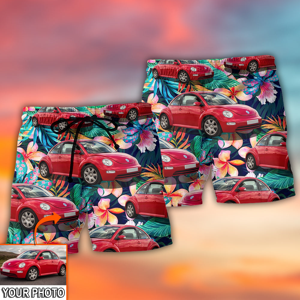 Car Beetle Car Luxury Tropical Flower Custom Photo - Beach Short - Owls Matrix LTD