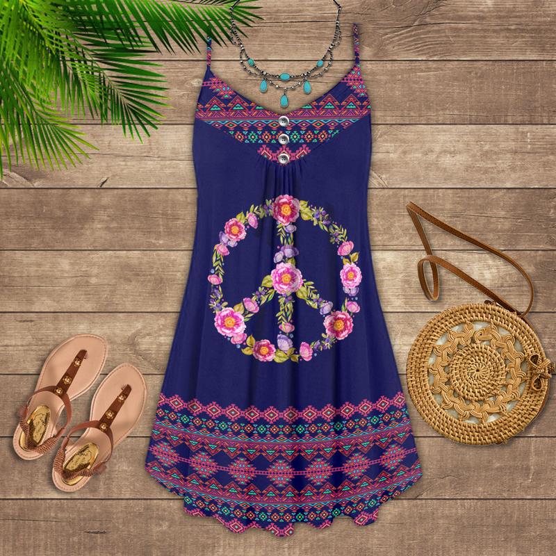 Purple Hippie Summer Vibes – Women's Summer Sleeveless V-Neck Camisole Dress