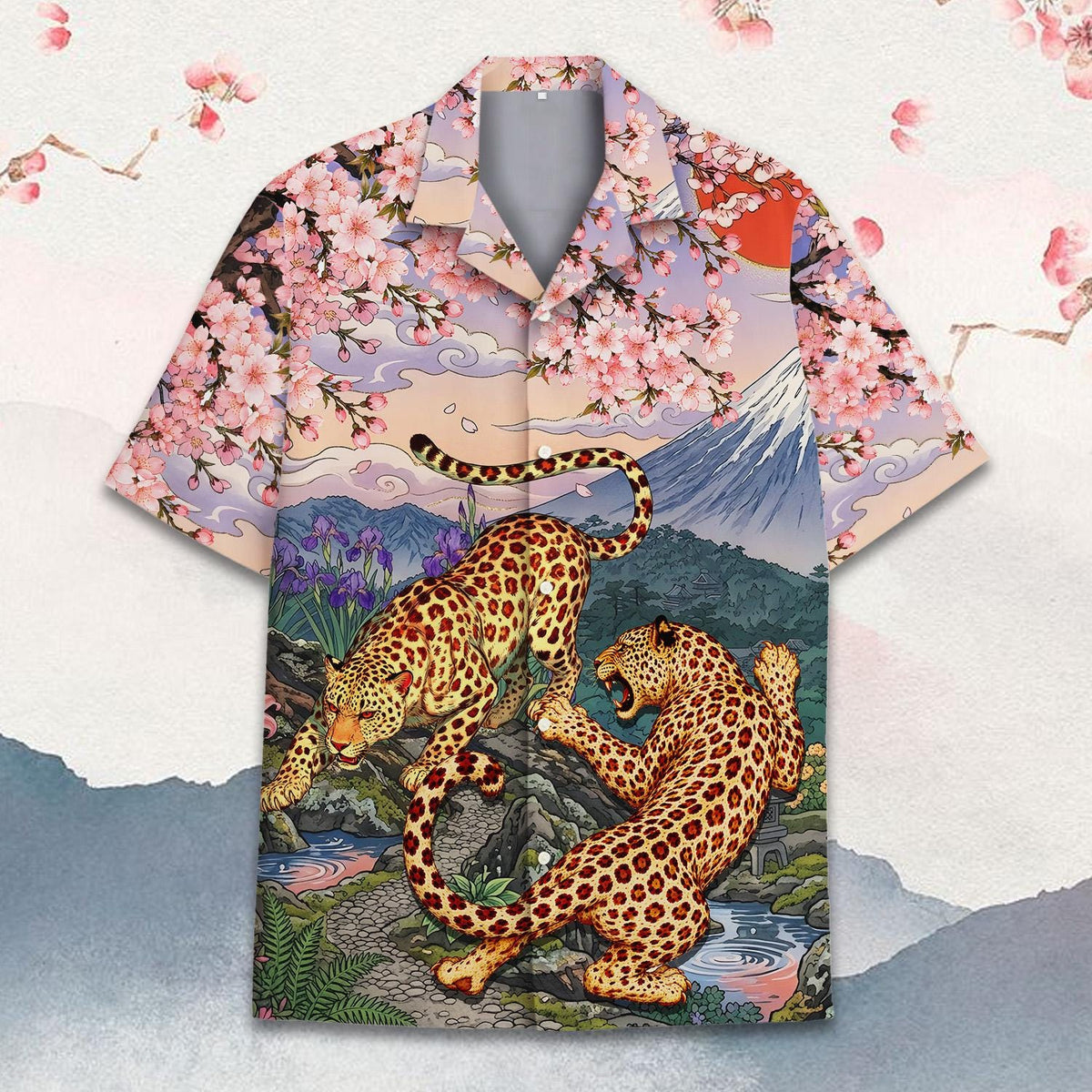 Japanese Cherry Blossom Mount Fuji Leopard Floral – Hawaiian Shirt