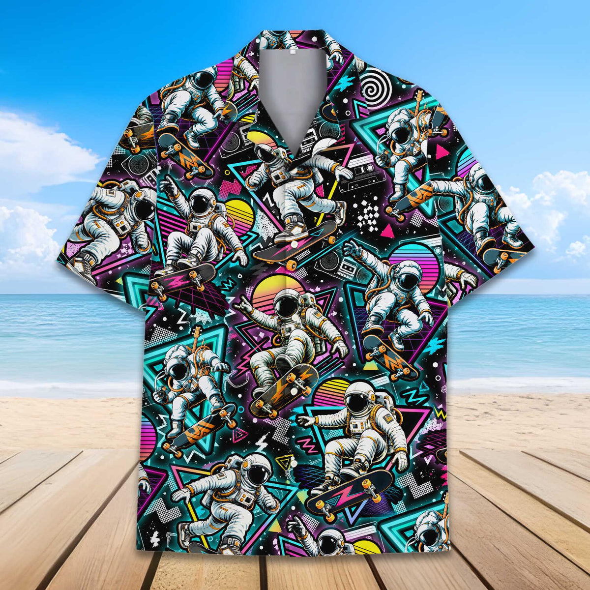 Skater Astronaut Retro Neon Space Synthwave – Hawaiian Shirt