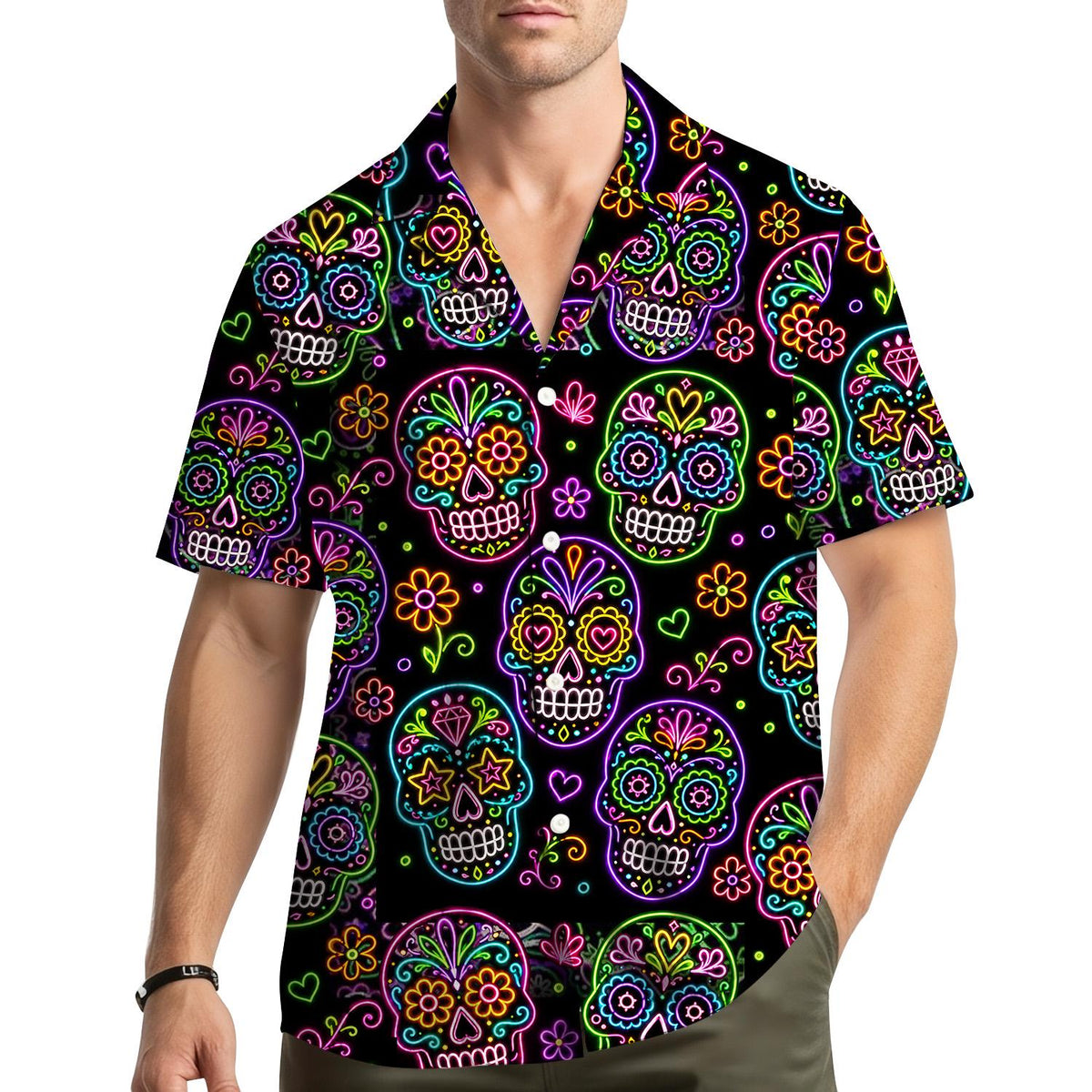Neon Sugar Skull Day Of The Dead Gothic Halloween – Hawaiian Shirt