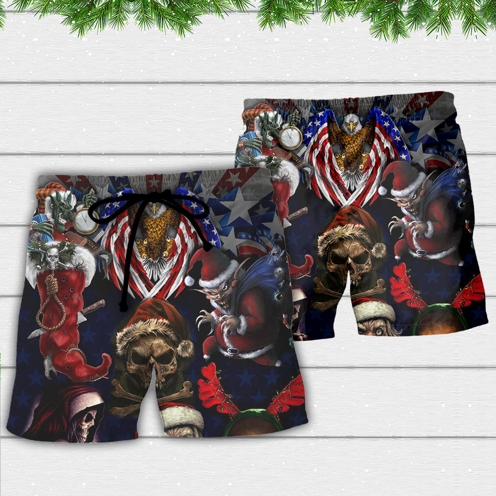 Skull Christmas USA Eagle Flag Skeleton Art - Beach Short - Owls Matrix LTD