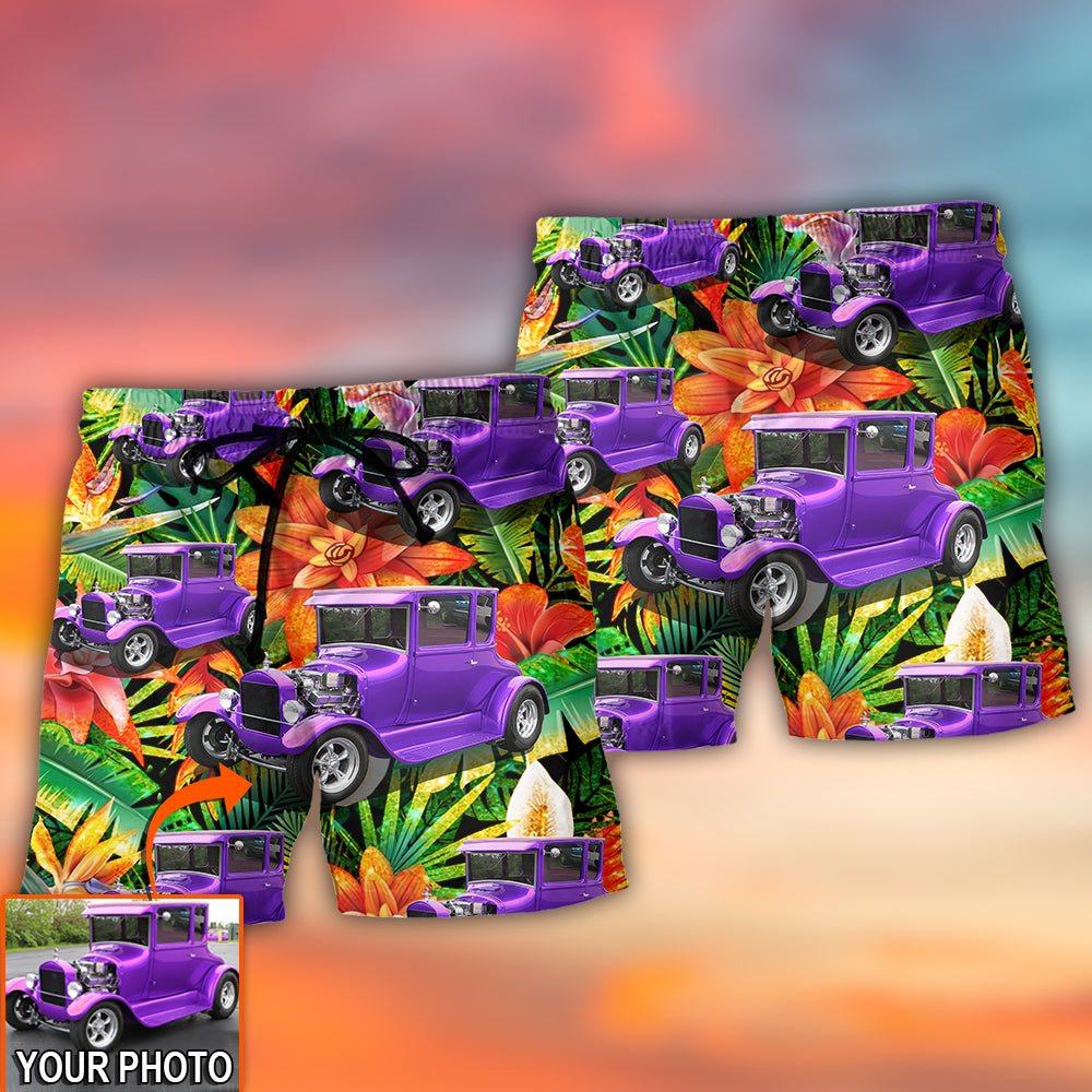 Car Model T Tropical Flower Custom Photo - Beach Short - Owls Matrix LTD