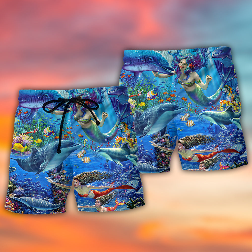Dolphin Mermaid Ocean Blue Fantasy Art – Beach Short
