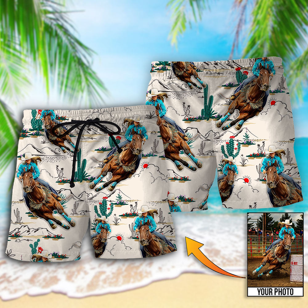 Cowboy Barrel Racing Tropical Desert Custom Photo - Beach Short - Owls Matrix LTD