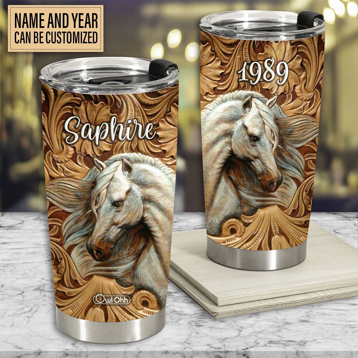 Horse And Floral Leather Personalized 20 Oz Tumbler