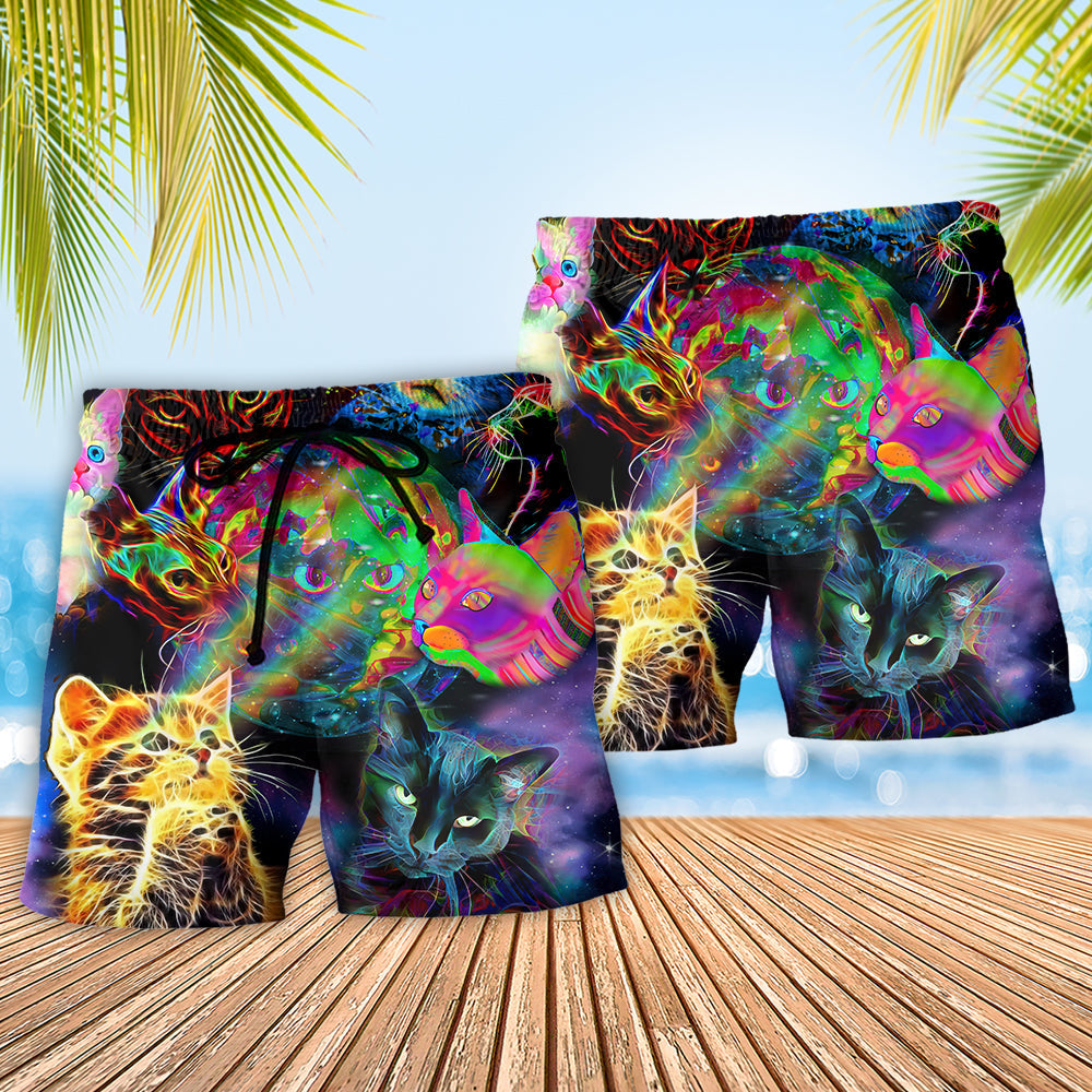 Psychedelic Cat Neon Galaxy Art – Beach Short
