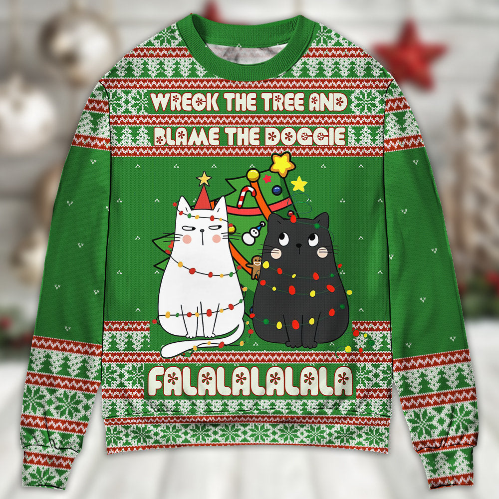 Cat Wrecks Tree Meowy Christmas – Sweater - Ugly Christmas Sweater