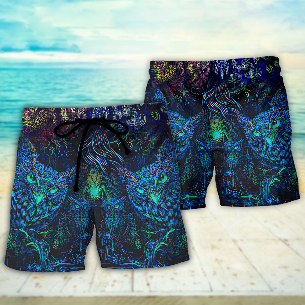 Owl And Witch Colorful Dark Fantasy – Beach Short