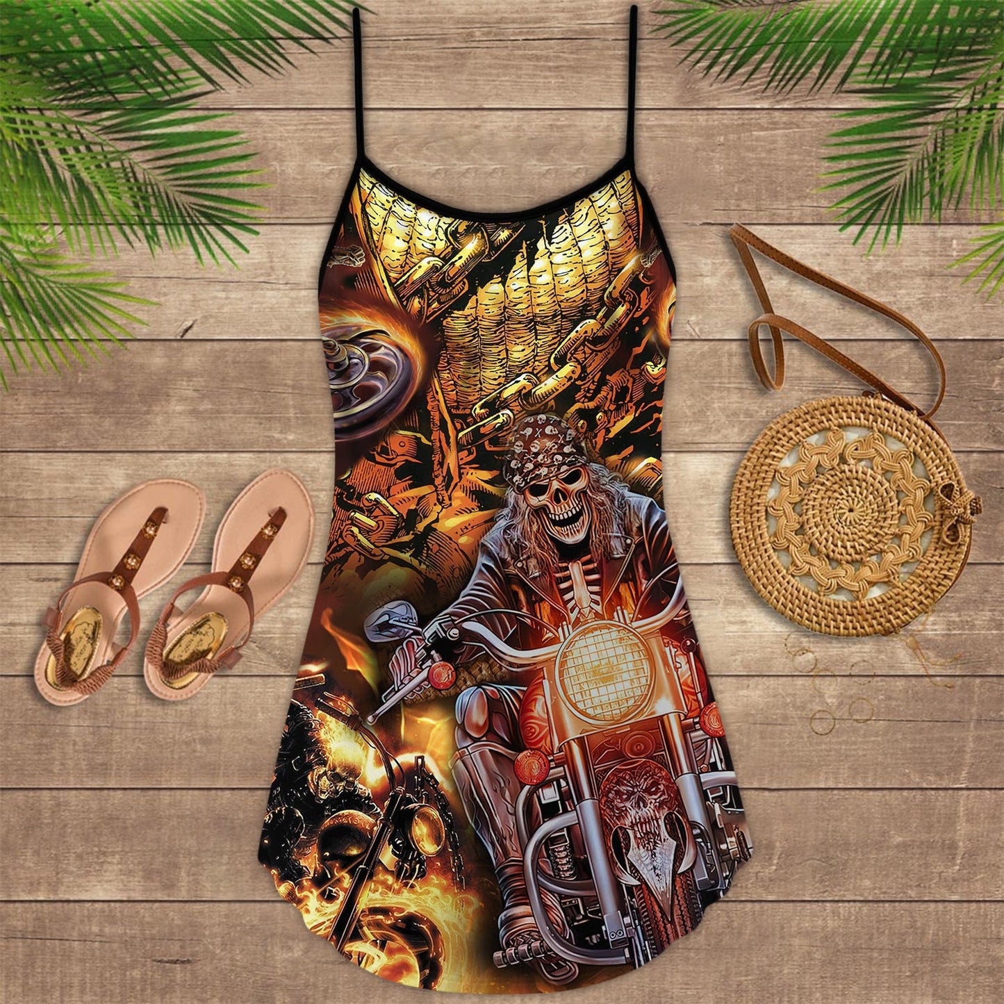 Motorcycle Skull Racing Fast – Women's Summer Sleeveless V-Neck Camisole Dress