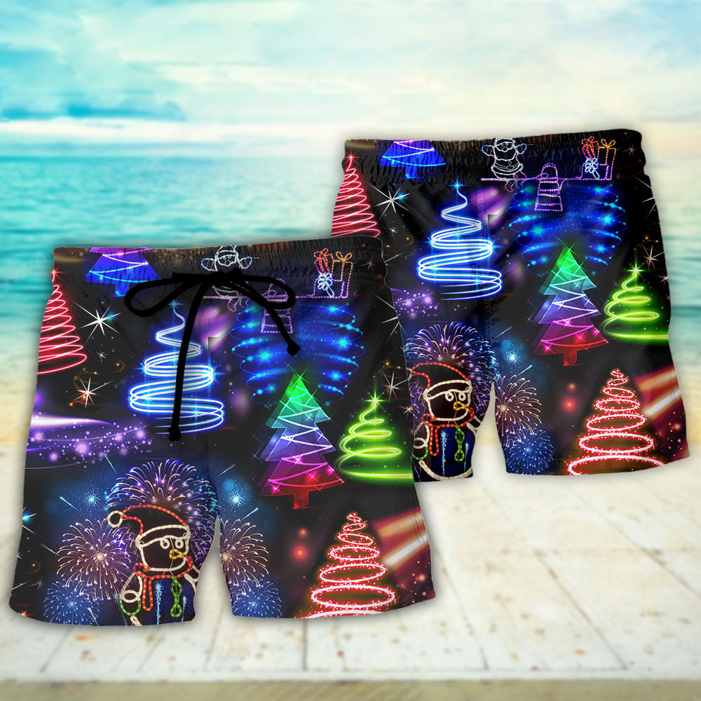 Neon Santa And Snowman Holiday Art – Beach Short