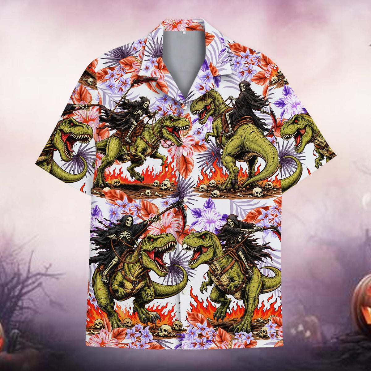 T-Rex Riding Reaper Retro Skeleton Dinosaur – Hawaiian Shirt