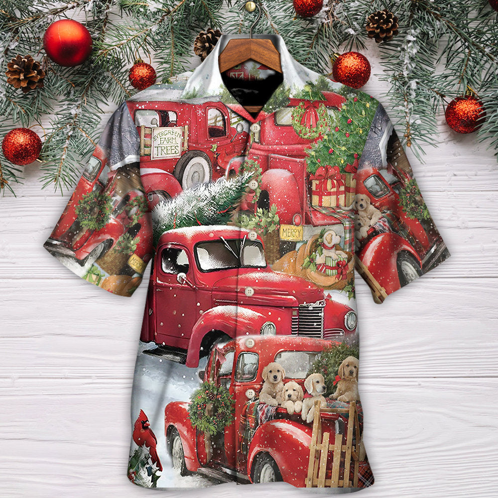 Christmas Red Truck With Xmas Tree And Cute Puppy - Hawaiian Shirt
