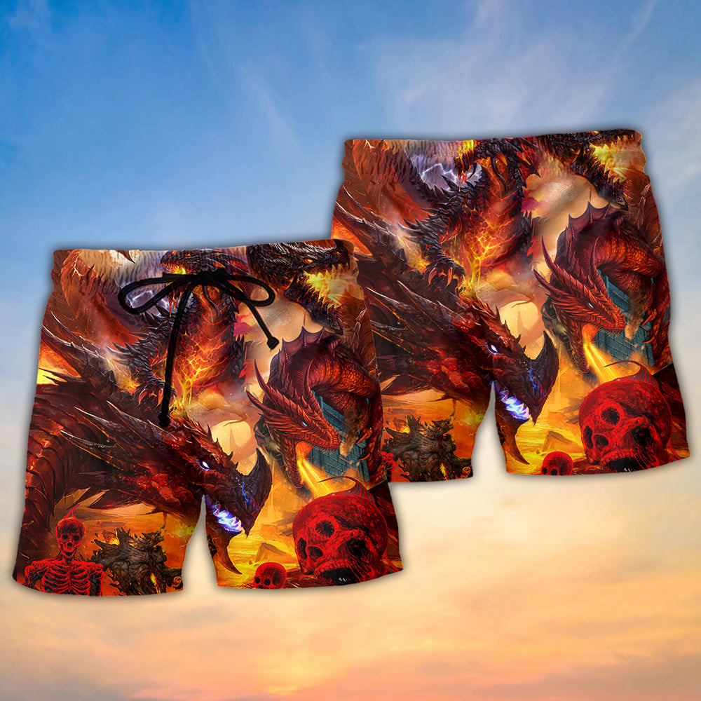 Red Dragon Skull Fire Fantasy Art – Beach Short