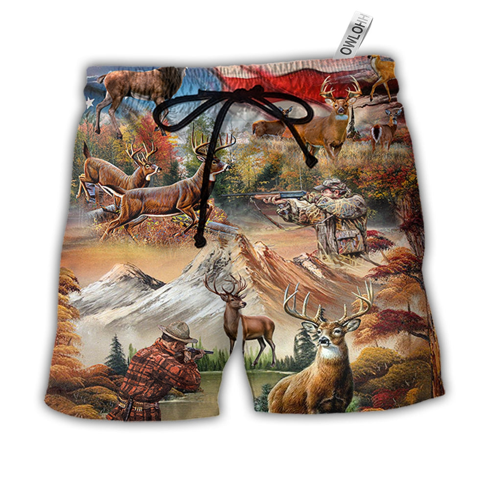 Beach Short / Adults / S Hunting Independence Day Deer American Flag - Beach Short - Owls Matrix LTD