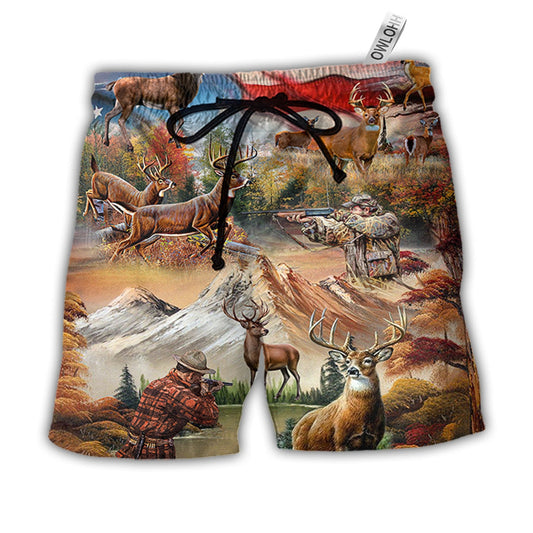 Beach Short / Adults / S Hunting Independence Day Deer American Flag - Beach Short - Owls Matrix LTD