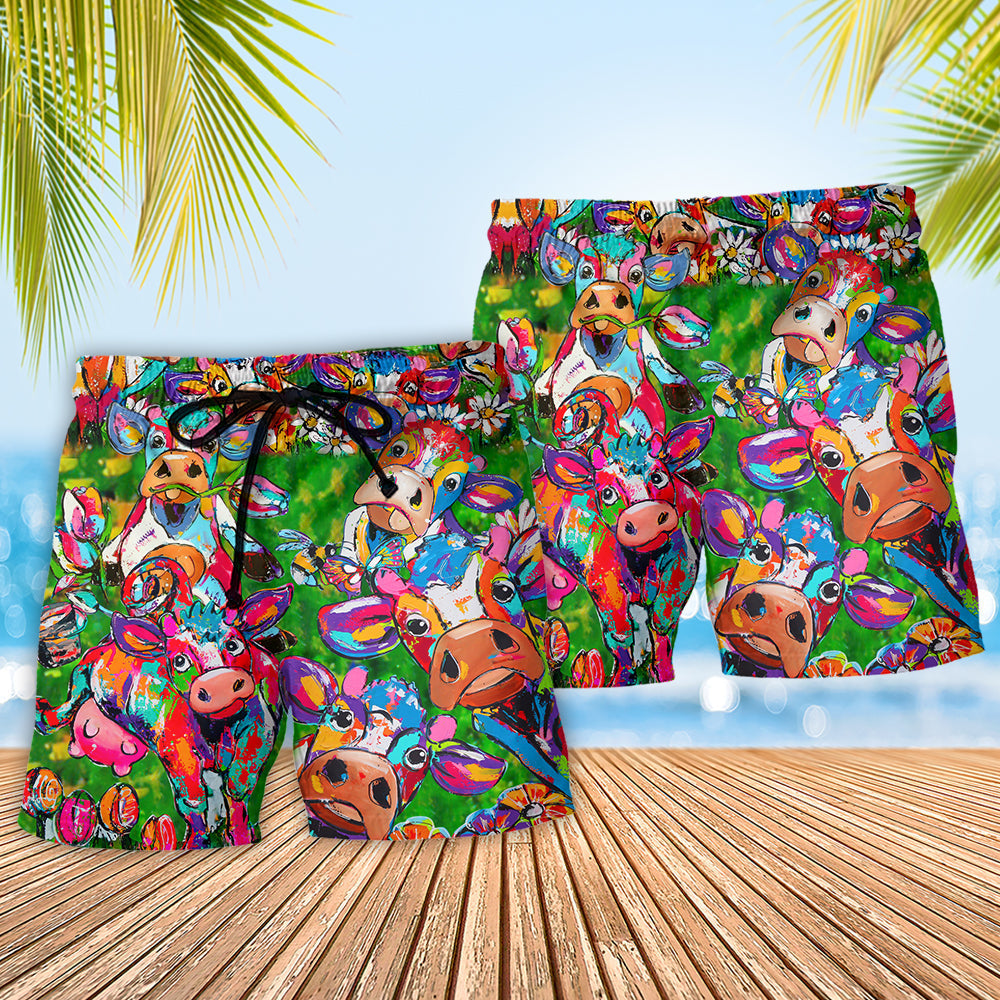 Cow With Flowers Funny Farm Art – Beach Short