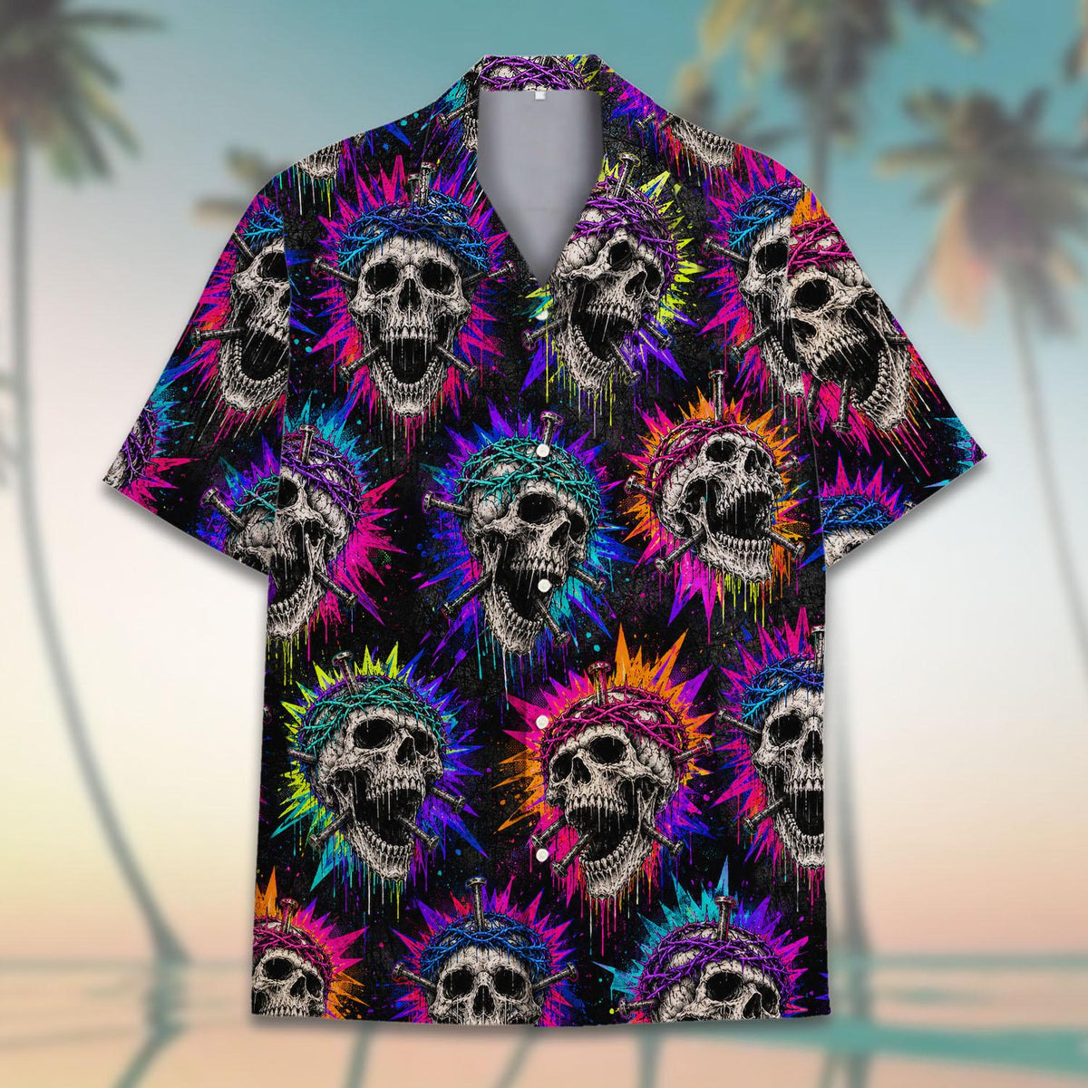 Gothic Skull Neon Thorn Crown Grunge – Hawaiian Shirt