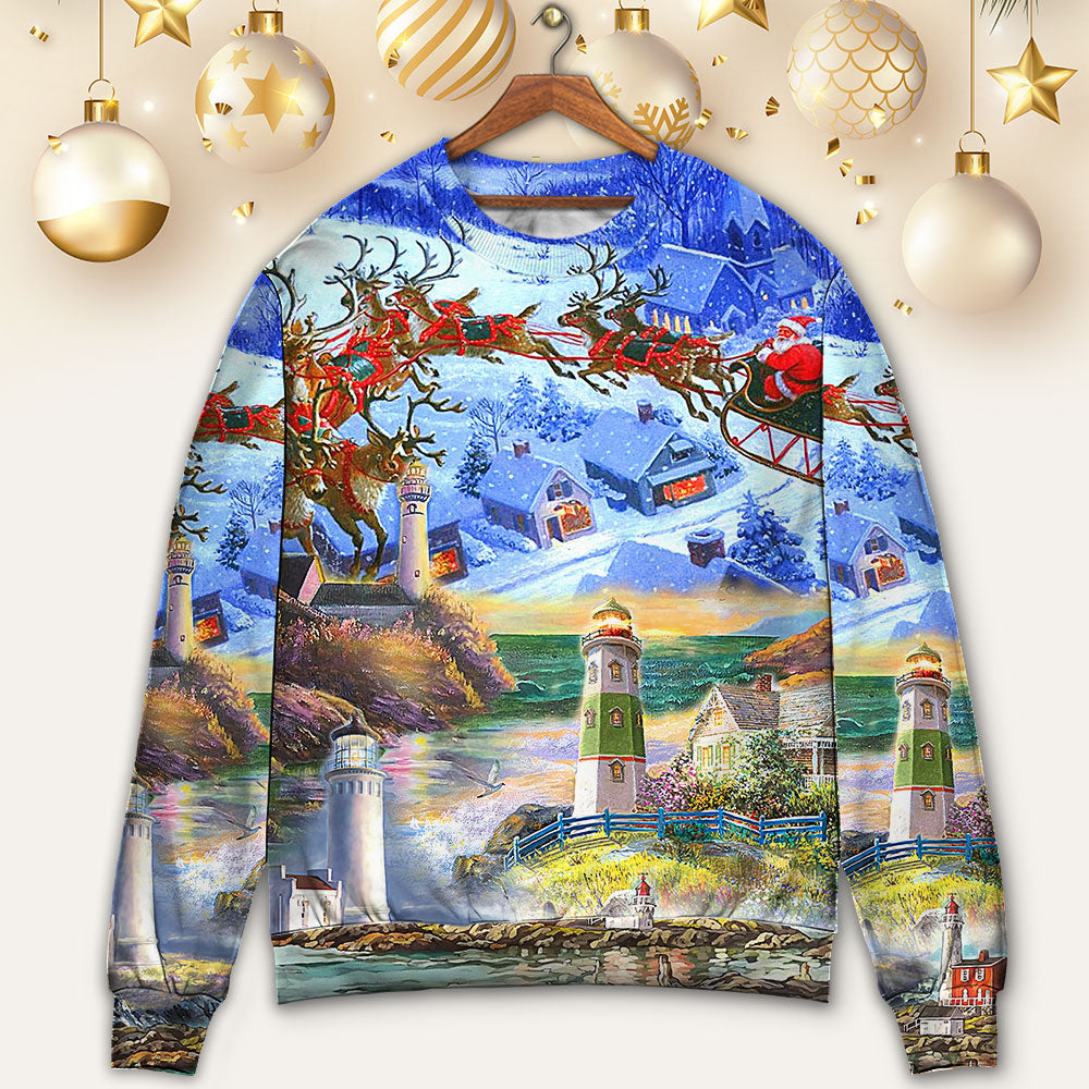Lighthouse Christmas Santa Through The Storm – Sweater - Ugly Christmas Sweater