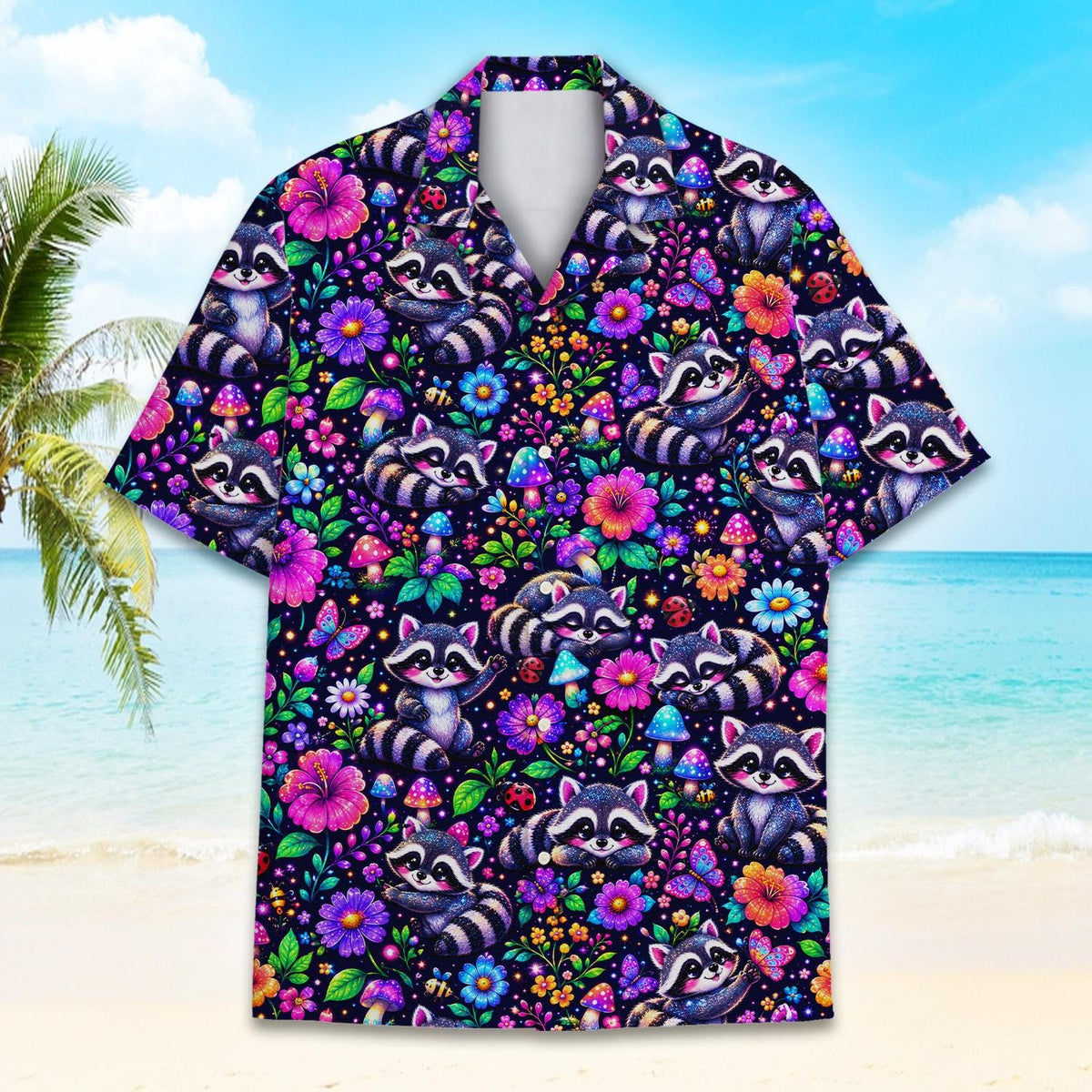 Cute Raccoon Colorful Floral Mushroom Garden – Hawaiian Shirt