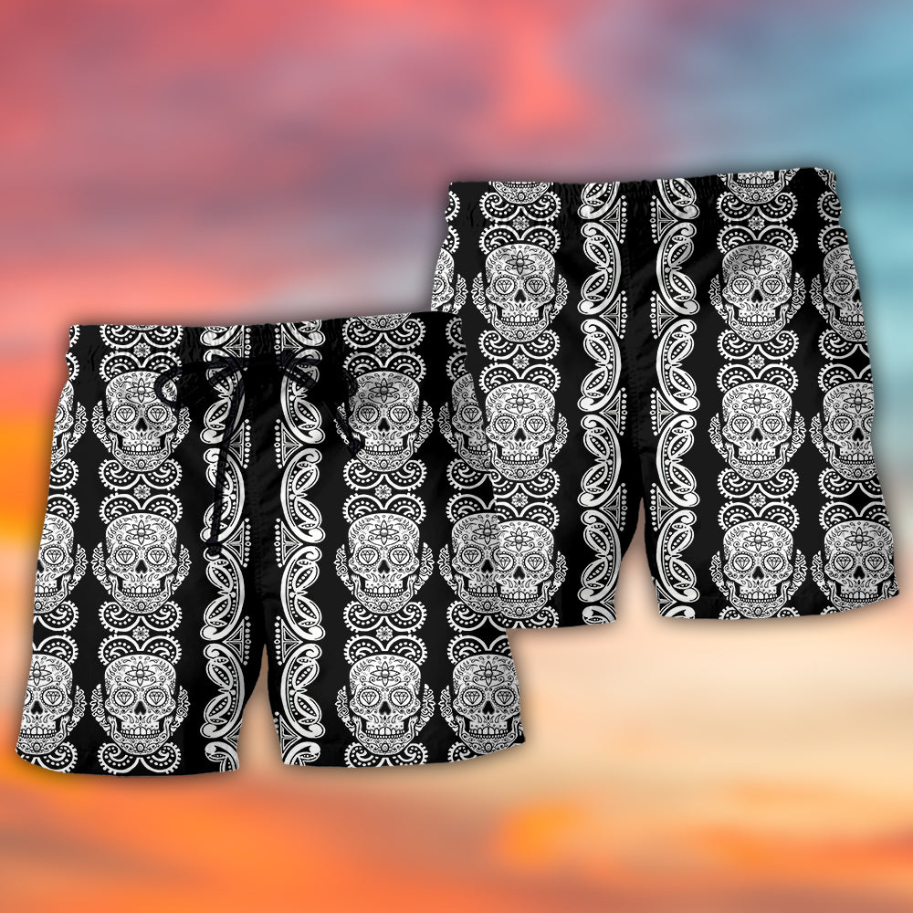 Skull Diamond Black White Pattern - Beach Short