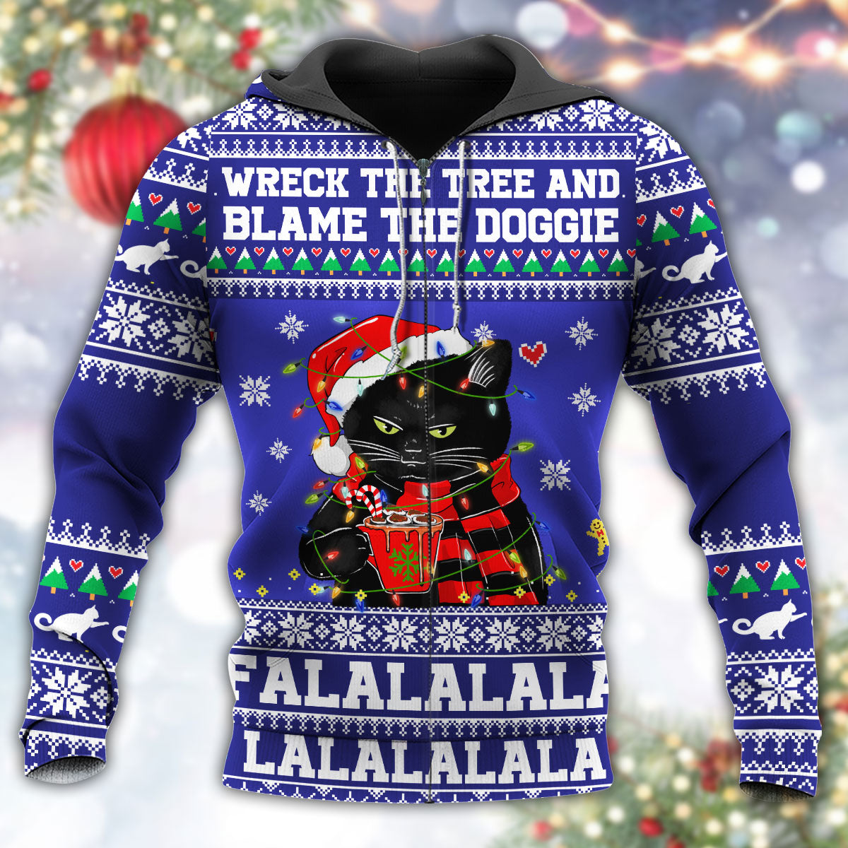 Black Cat Wreck The Tree Funny Holiday Art – 3D Hoodie