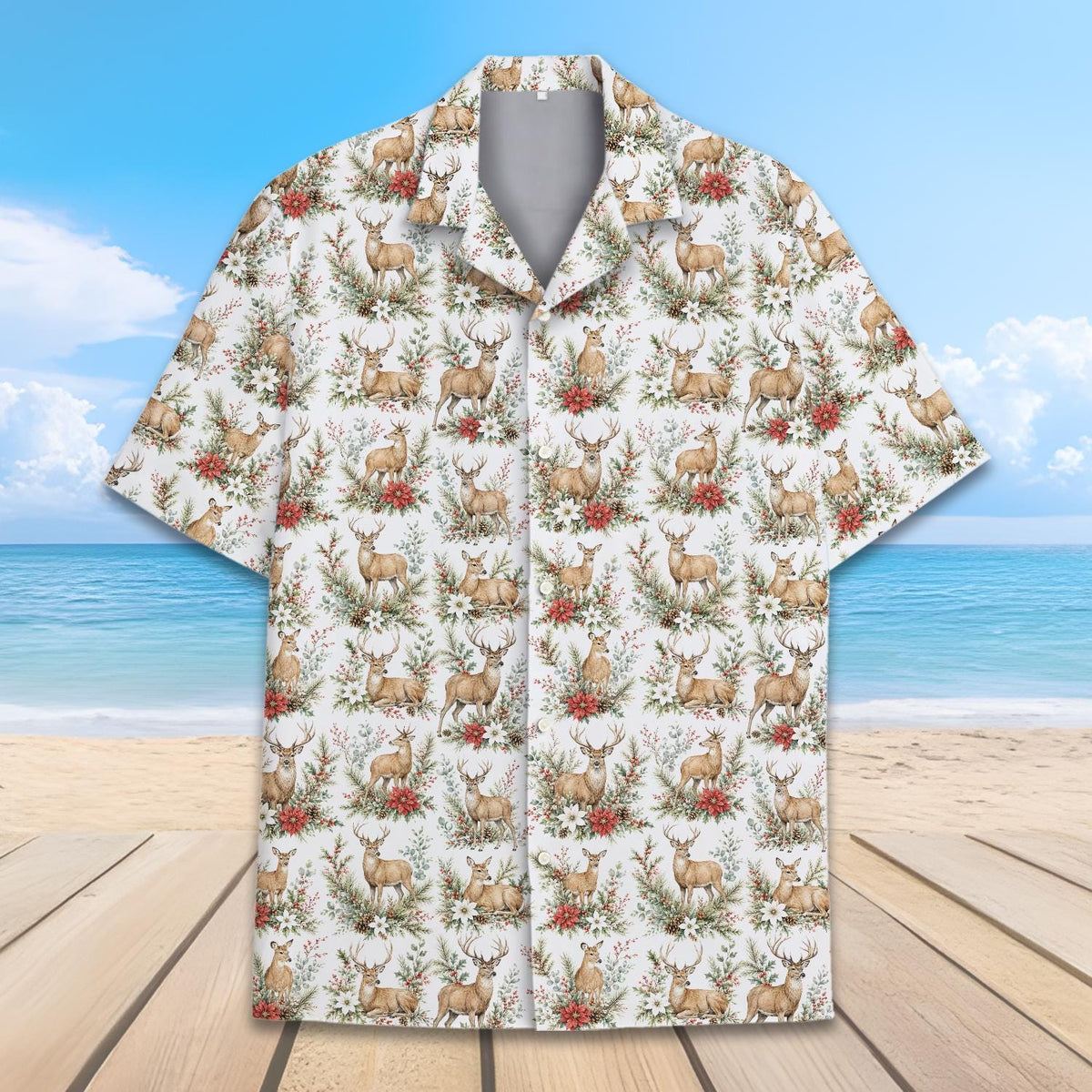 Christmas Deer Vintage Reindeer Poinsettia Woodland – Hawaiian Shirt