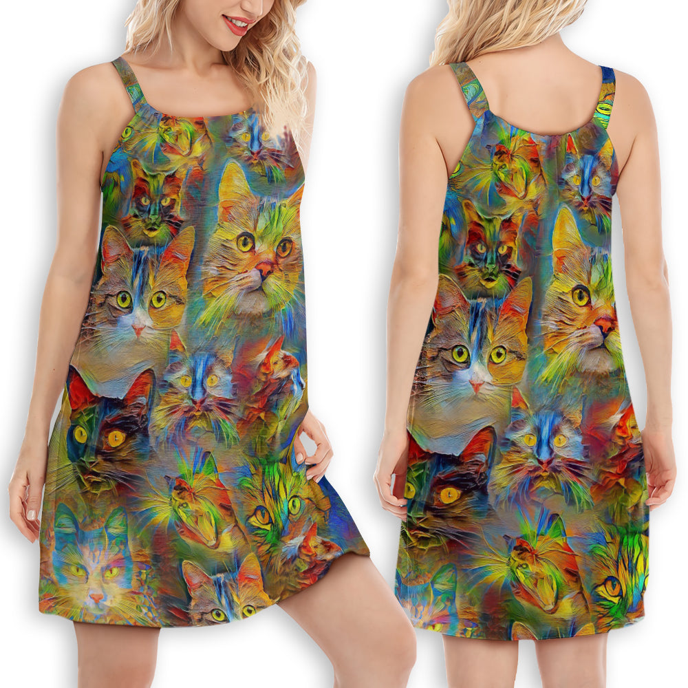 Amazing Colorful Lovely Cat – Women's Summer Sleeveless V-Neck Camisole Dress