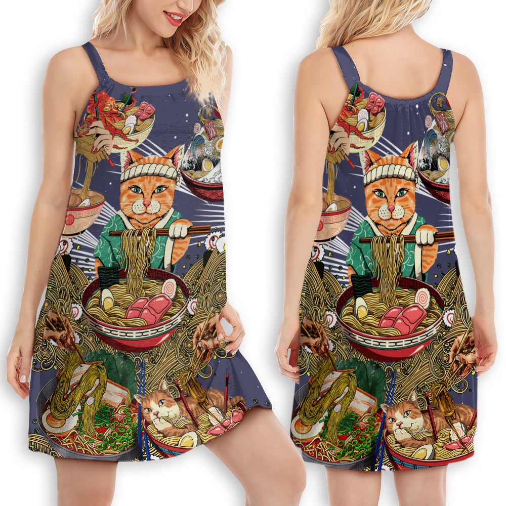 Cat Eating Ramen Bowl – Women's Summer Sleeveless V-Neck Camisole Dress