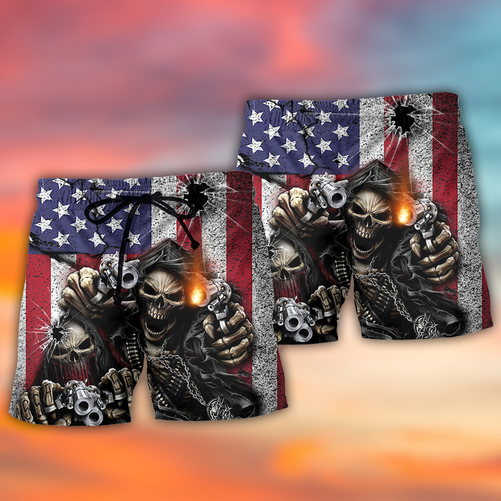 Skull Shot Gun American Flag Vintage - Beach Short - Owls Matrix LTD