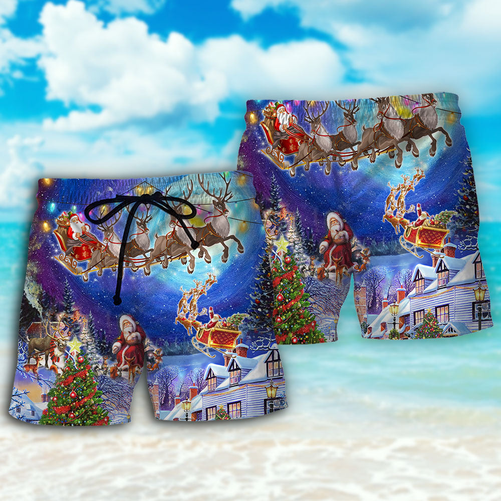 Christmas Snow Village Santa Art - Beach Short