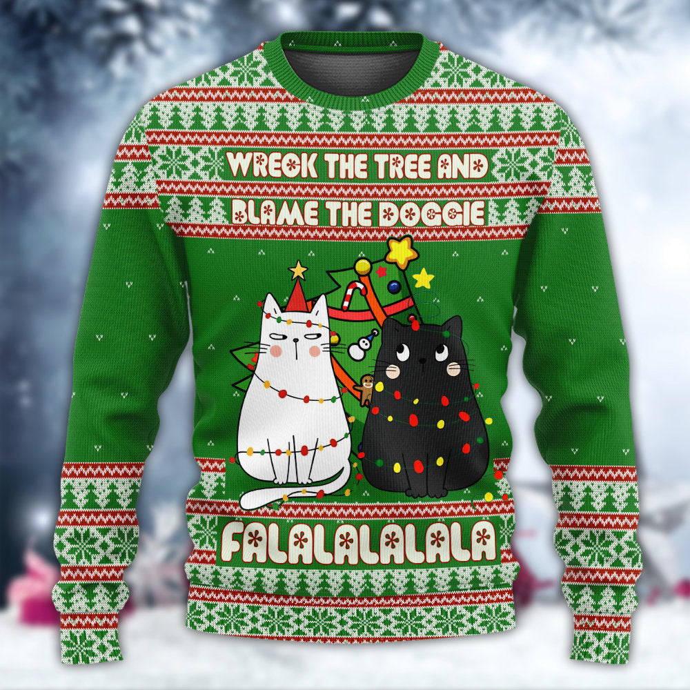 Cat Wrecks Tree Meowy Christmas – Sweater - Ugly Christmas Sweater