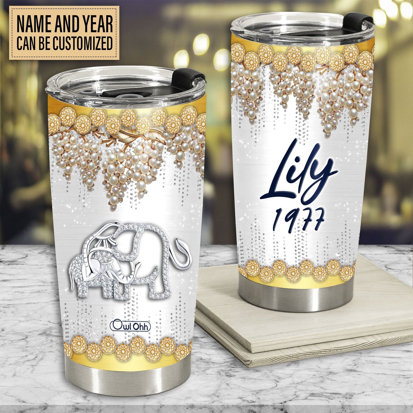 Elephant Mommy And Baby Jewelry Golden Personalized 20 Oz Tumbler