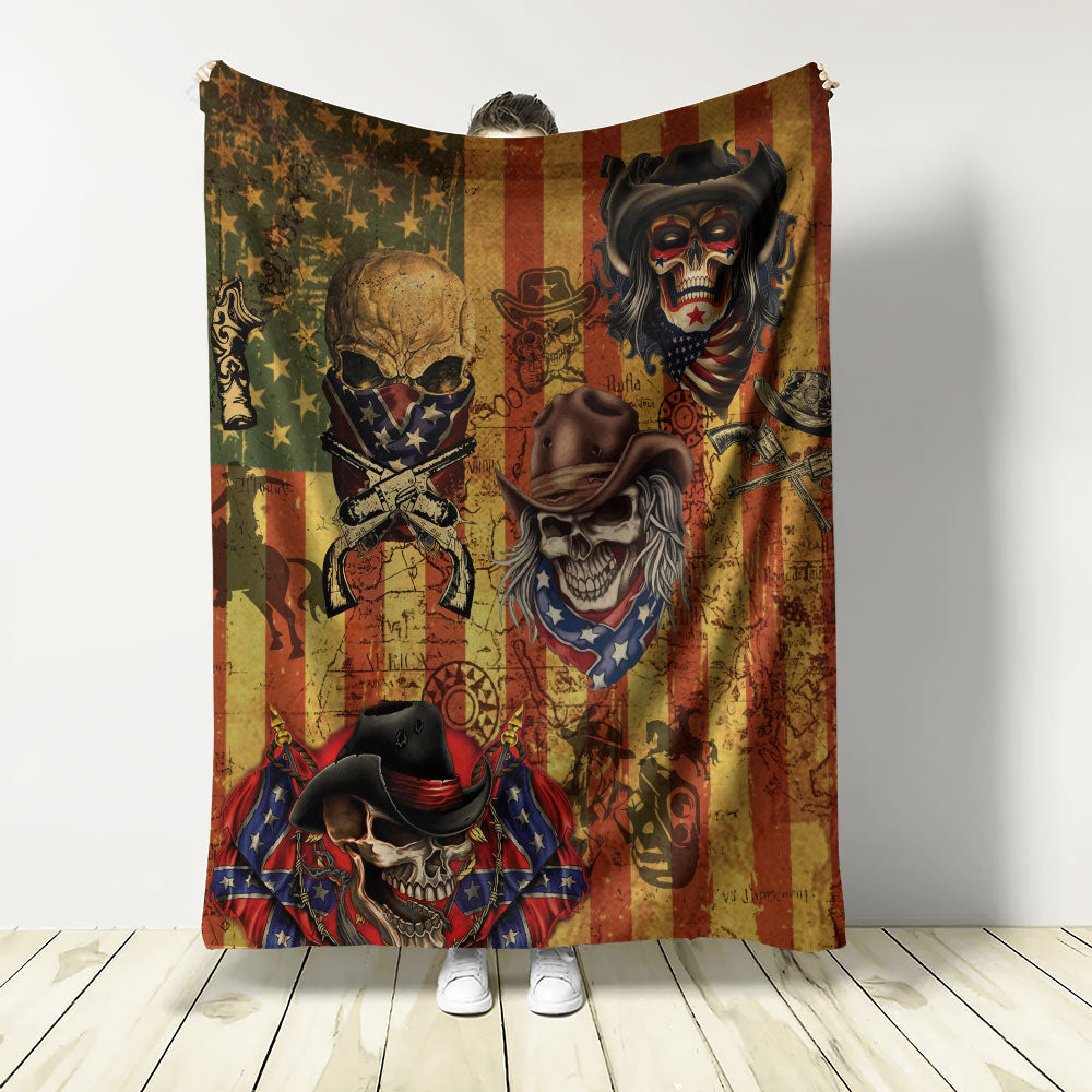 Skull Cowboy America Retro Flannel Blanket For Soft Bed Couch And Home Comfort