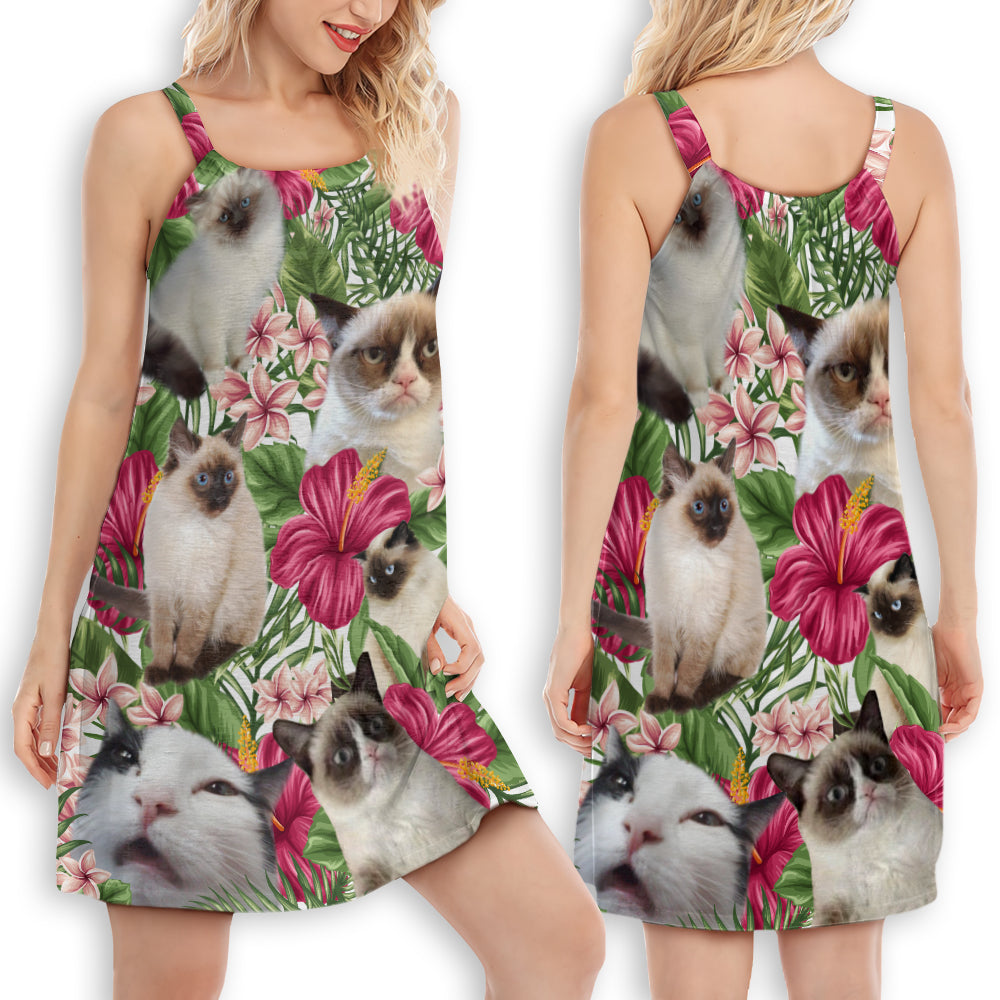 Tropical Floral Siamese Cat – Women's Summer Sleeveless V-Neck Camisole Dress