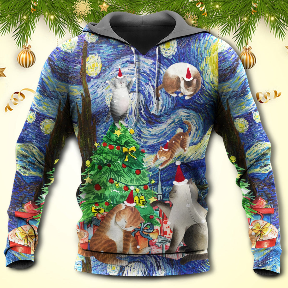 Christmas Cat Playing Starry Night Art – 3D Hoodie