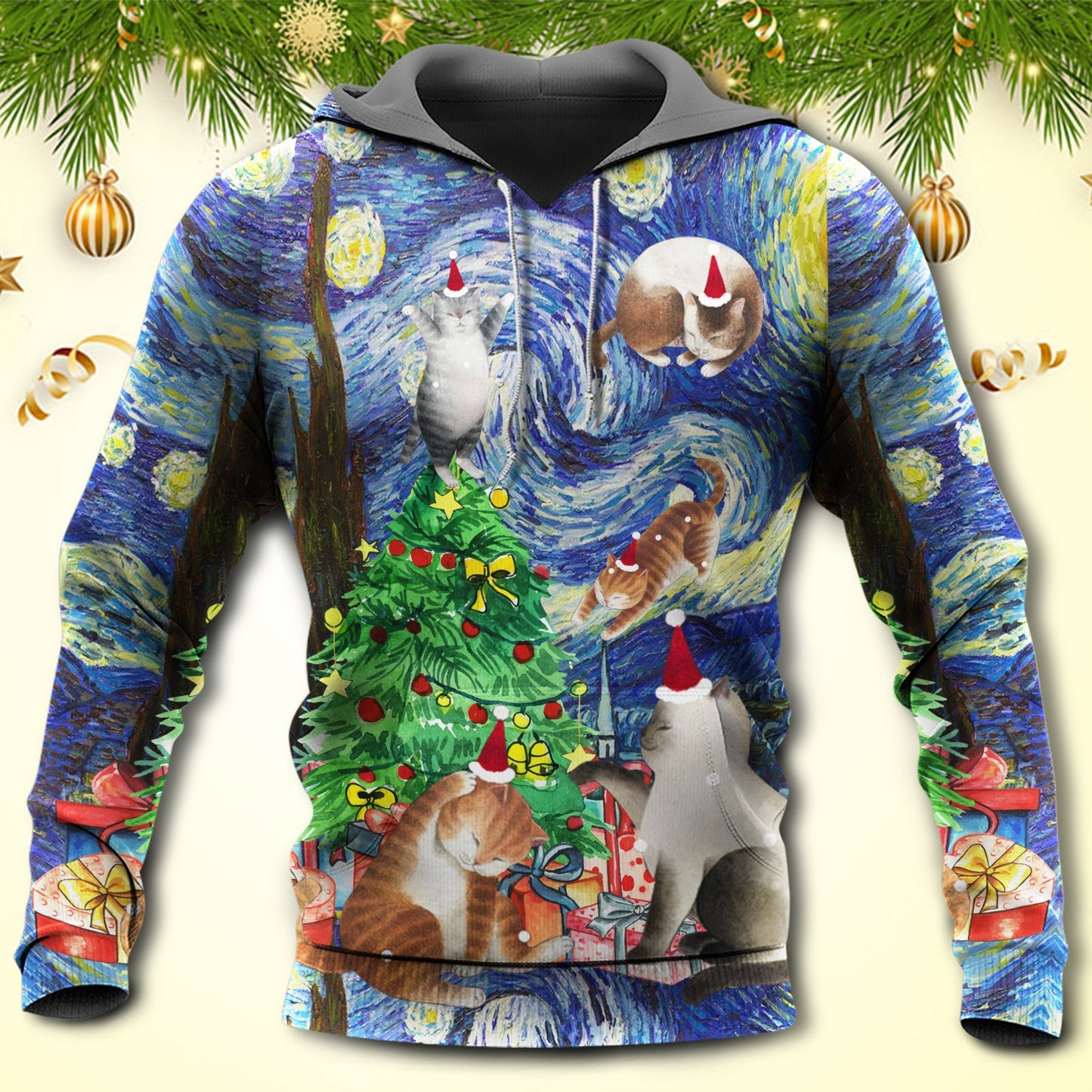 Christmas Cat Playing Starry Night Art – 3D Hoodie