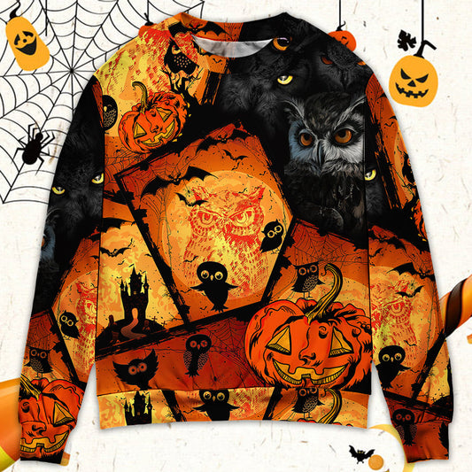 Halloween Owl Pumpkin Night Art – Sweater - Ugly Christmas Sweater